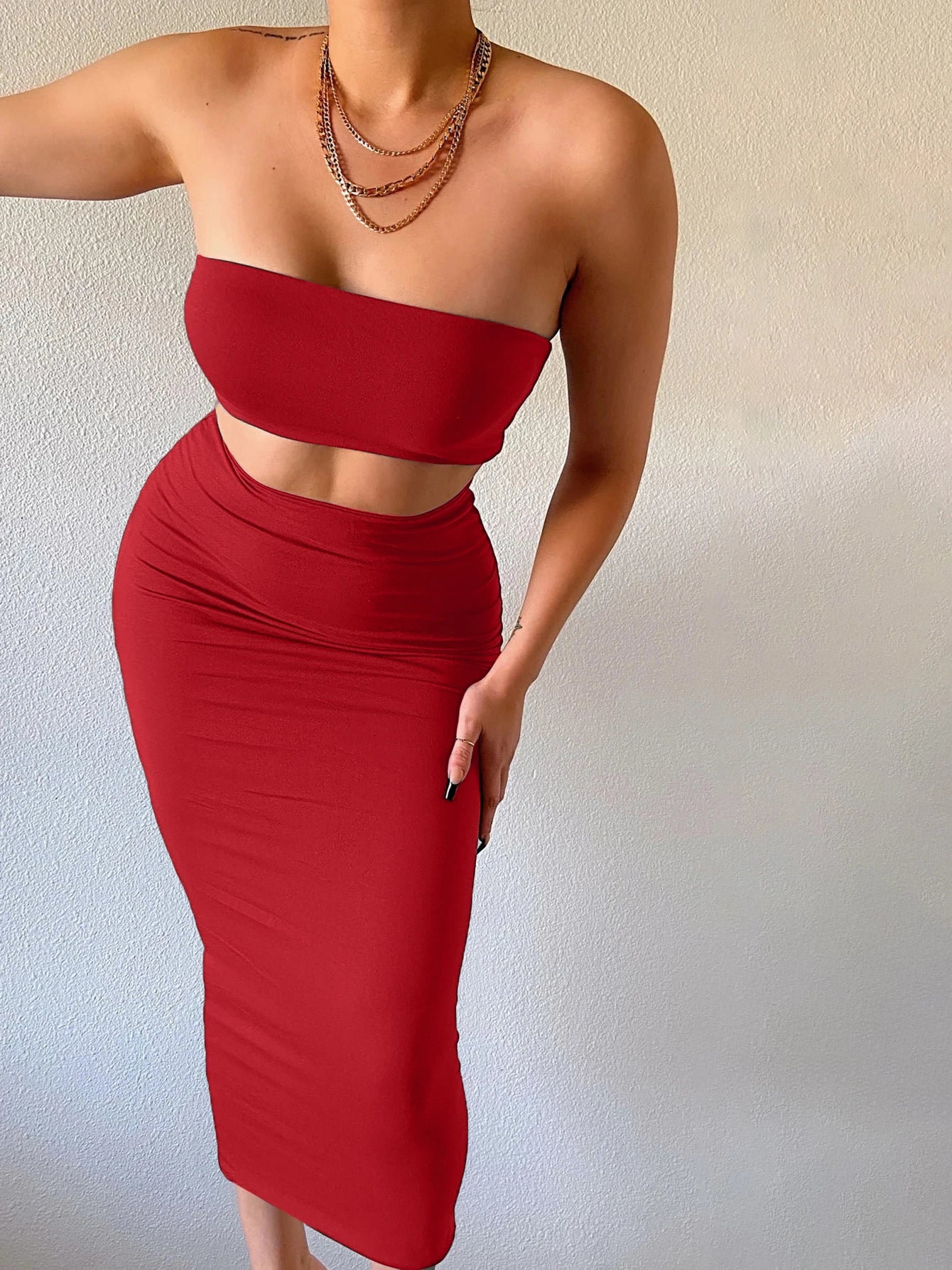 Women Elegant 2 Pcs Sets Strapless Sexy Tube Crop Tank Top Maxi Skirt 2025 Summer Women Casual Clothes Party Festival