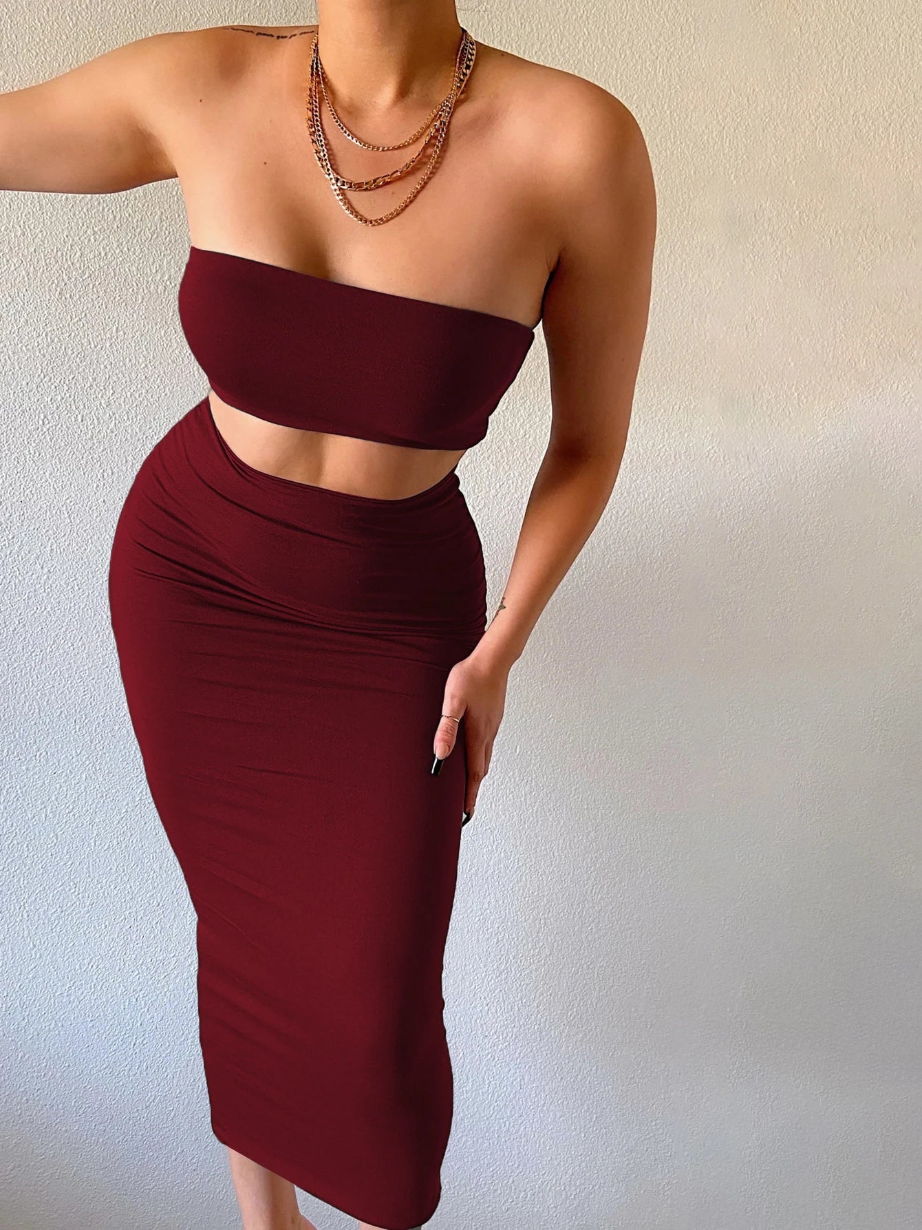 Women Elegant 2 Pcs Sets Strapless Sexy Tube Crop Tank Top Maxi Skirt 2025 Summer Women Casual Clothes Party Festival