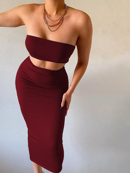 Women Elegant 2 Pcs Sets Strapless Sexy Tube Crop Tank Top Maxi Skirt 2025 Summer Women Casual Clothes Party Festival