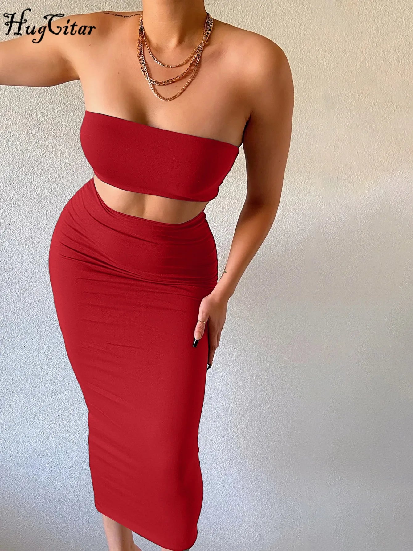 Women Elegant 2 Pcs Sets Strapless Sexy Tube Crop Tank Top Maxi Skirt 2025 Summer Women Casual Clothes Party Festival