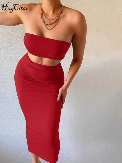 Women Elegant 2 Pcs Sets Strapless Sexy Tube Crop Tank Top Maxi Skirt 2025 Summer Women Casual Clothes Party Festival