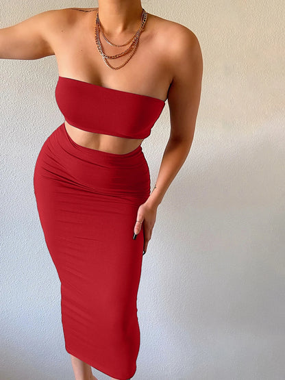 Women Elegant 2 Pcs Sets Strapless Sexy Tube Crop Tank Top Maxi Skirt 2025 Summer Women Casual Clothes Party Festival